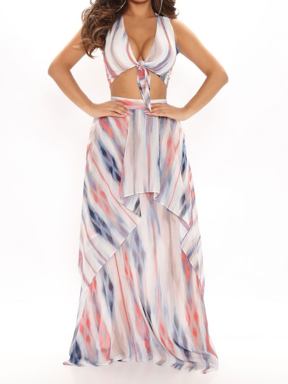 Striped Tie-Front Maxi Skirt Set in Blue, Coral & Cream XL